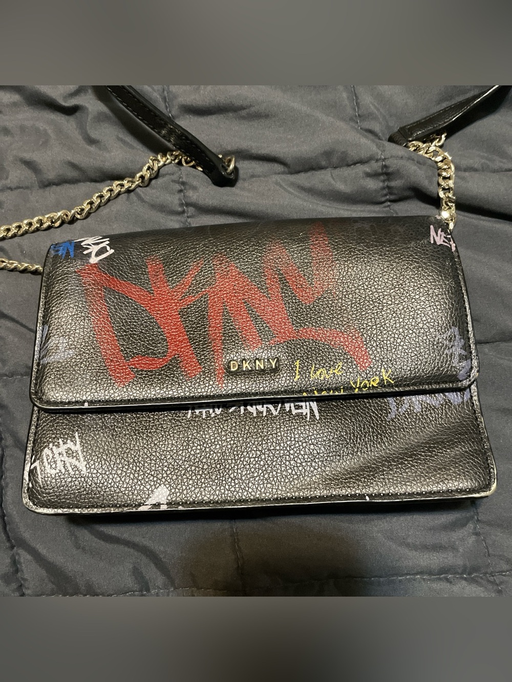 DKNY Black Leather Graffiti Flap Crossbody with Silver Hardware